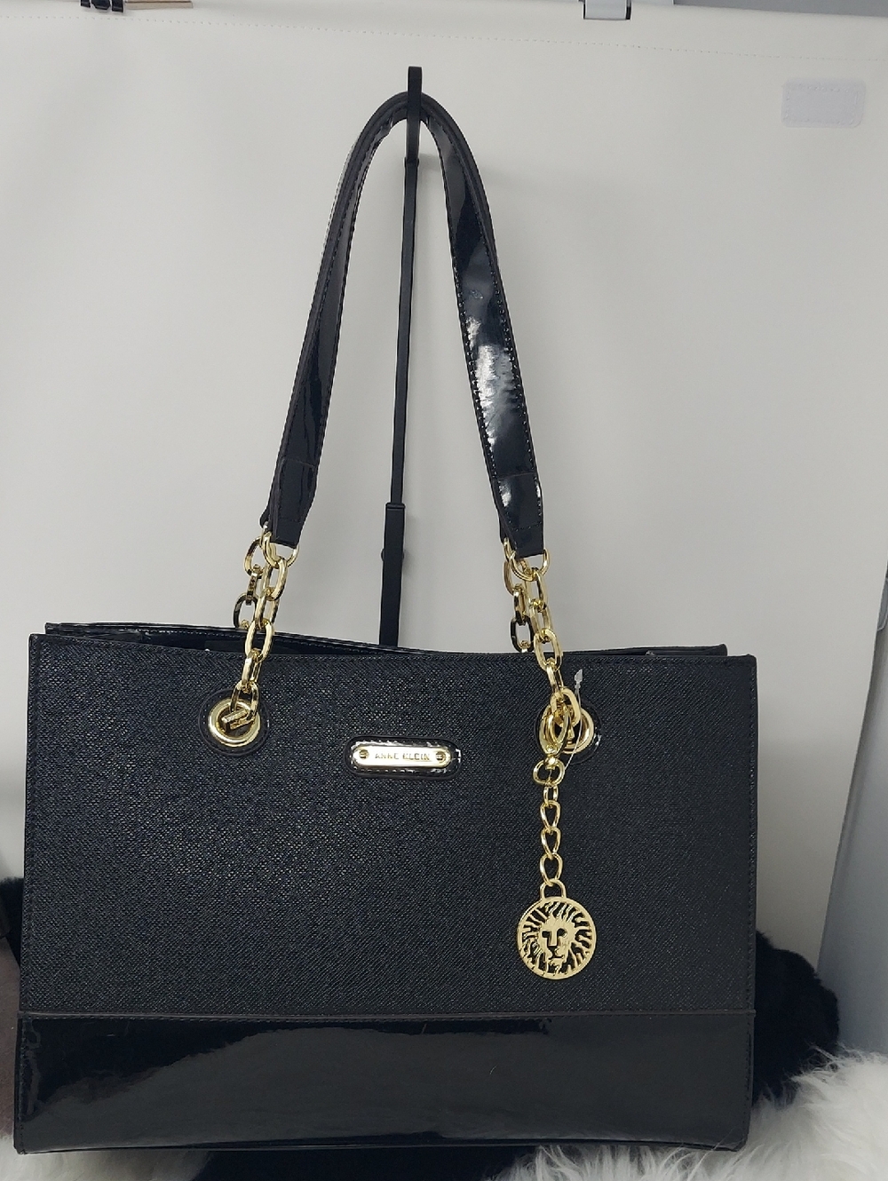 Anne Klein Black Patent & Saffiano Tote with Gold Accents